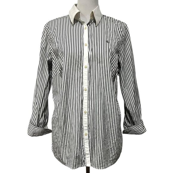 Lauren Ralph Lauren Women's Striped Top Button Up Black Embroidered Crest Sz M - Picture 1 of 11